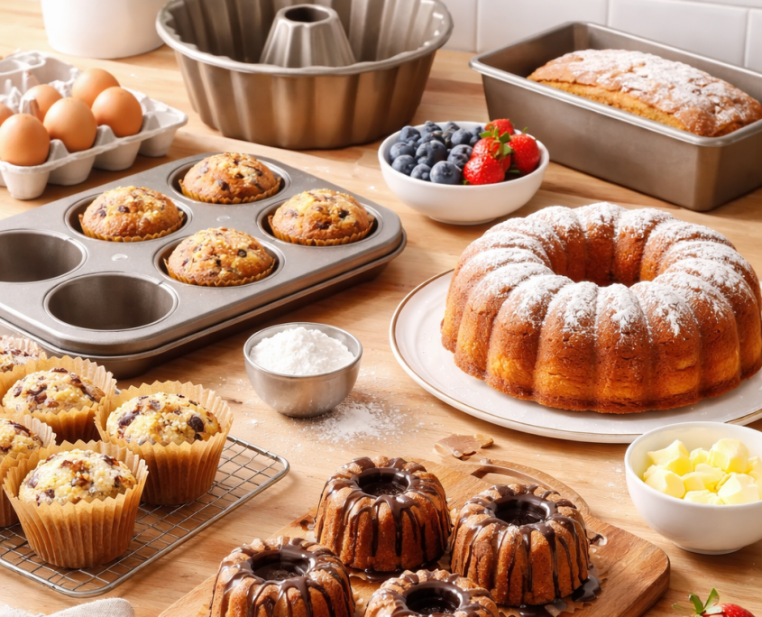 Moldes para repostería con muffins y bizcochos caseros sobre una mesa de cocina